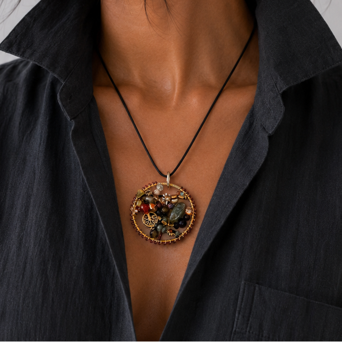 Woman wearing a black shirt with an open collar, revealing a necklace with a decorative pendant.