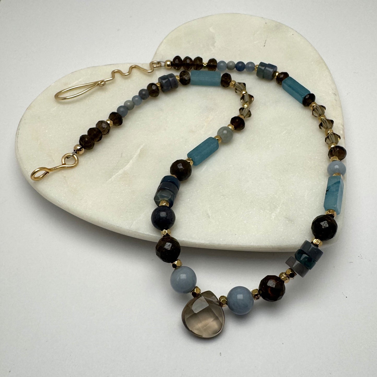 Tranquil Blues Necklace – Aquamarine, Smoky Quartz, Blue Agate & Angelite