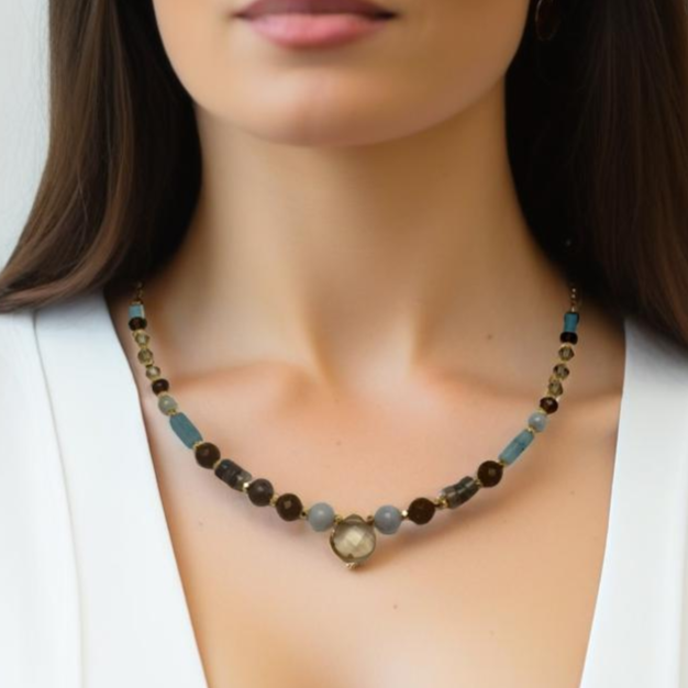 Tranquil Blues Necklace – Aquamarine, Smoky Quartz, Blue Agate & Angelite