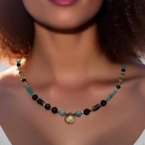 Tranquil Blues Necklace – Aquamarine, Smoky Quartz, Blue Agate & Angelite