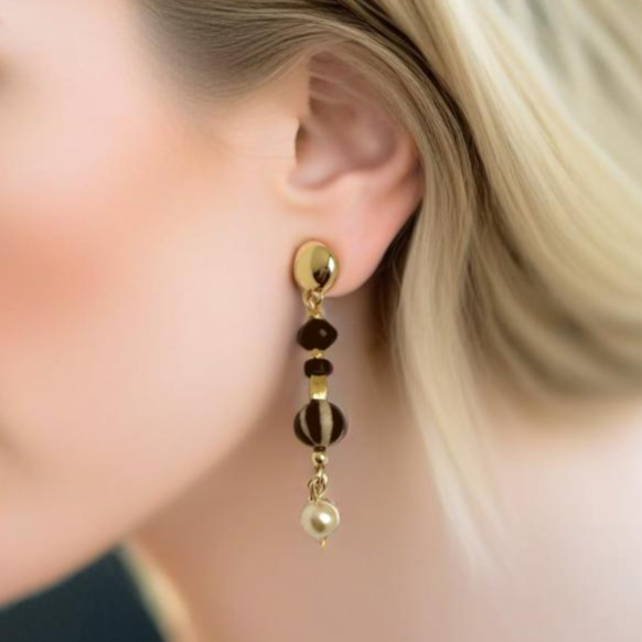 A pair of handcrafted 2-inch drop earrings featuring a mix o black beads for a stylish, eclectic look. These lightweight earrings are perfect for adding a touch of individuality to any outfit. Handmade with care by Lacey & Bohème in Canada.