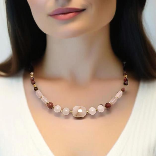 A handcrafted 19-inch necklace featuring soft rose quartz and rich rhodonite, accented with gold-tone details and a hand-forged hook clasp. A timeless piece symbolizing love and compassion, perfect for Valentine's Day or any special occasion.