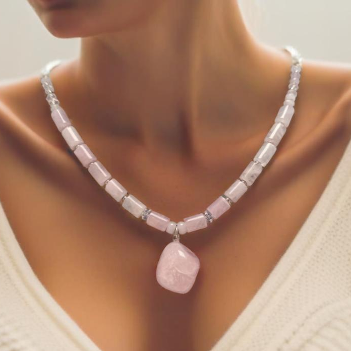 A delicate handmade rose quartz Y-necklace with silver accents, designed for layering or wearing alone. Featuring the "Love Stone," rose quartz is believed to open the heart to love and healing. Handmade in Canada.