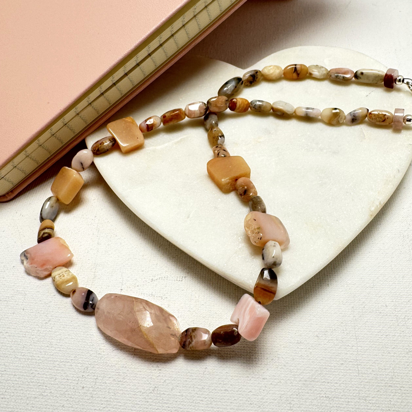 Handmade rose quartz, agate and pink opal beaded necklace.