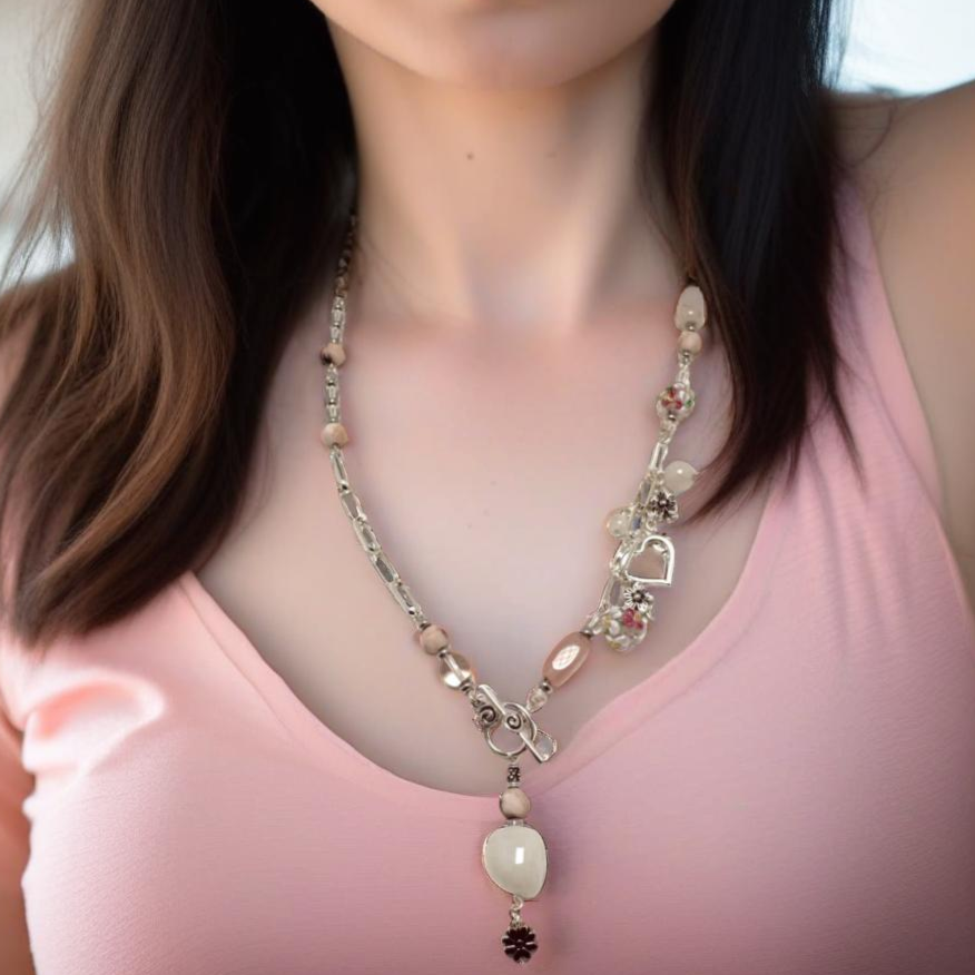 Handmade Blush Harmony Necklace featuring rose quartz, rhodonite, and glass beads with a silver paperclip chain. Accented with a floral lamp work bead, a silver heart, and a front toggle closure with a rose quartz pendant. A romantic and versatile statement piece.