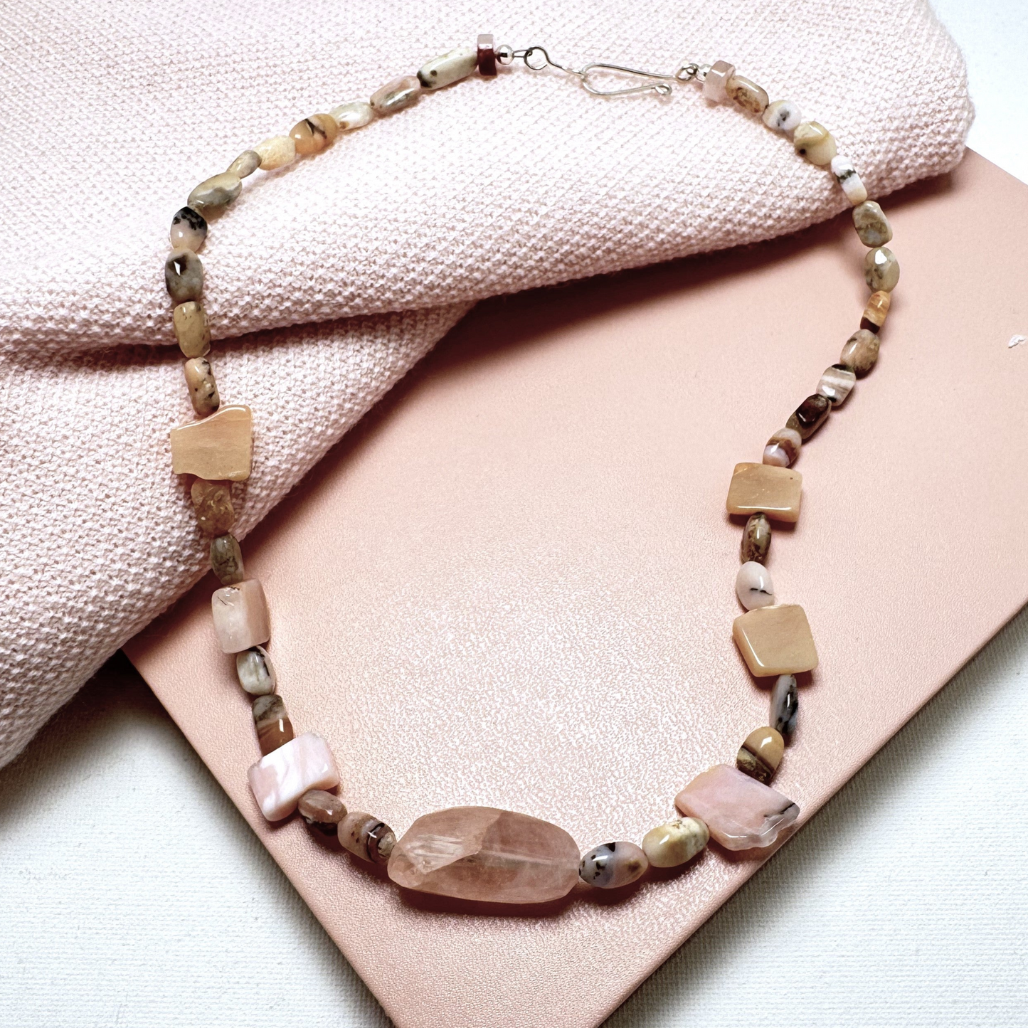 handmade necklace with pink opal, agate and rose quartz