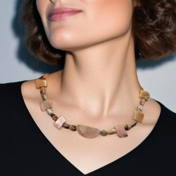 handmade pink opal and rose quartz beaded necklace with agate