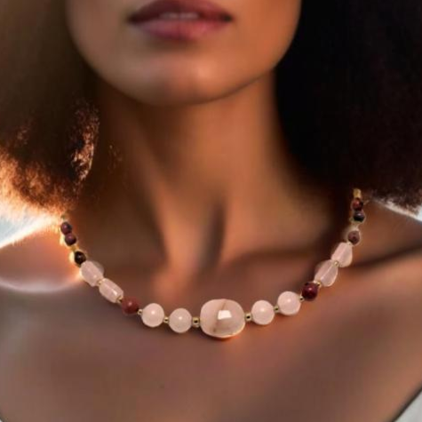 A handcrafted 19-inch necklace featuring soft rose quartz and rich rhodonite, accented with gold-tone details and a hand-forged hook clasp. A timeless piece symbolizing love and compassion, perfect for Valentine's Day or any special occasion.