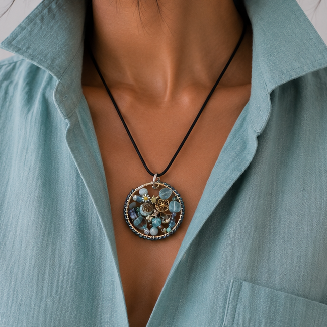 Handmade Halo pendant with aqua and turquoise stones, crystals, tree of life charm, and black cord necklace.