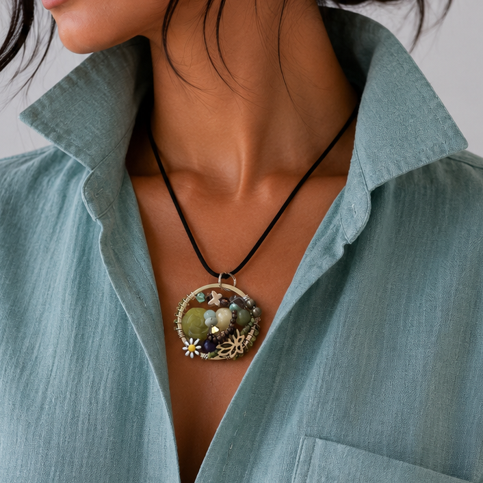 handmade Wildflower Halo pendant featuring semi-precious stones, daisy detail, butterfly accent, and mixed beads on a black cord necklace.