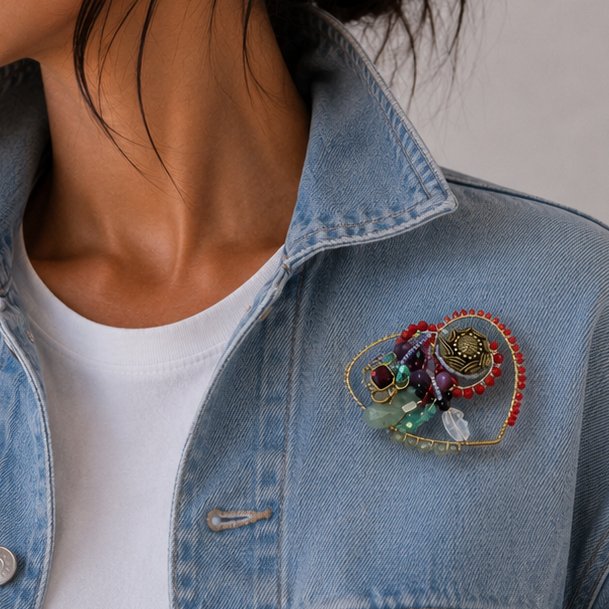 Woman wearing a denim jacket with a handmade beaded brooch