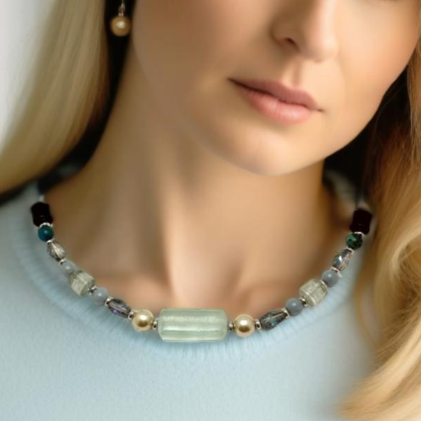 A chunky handmade statement necklace featuring mixed blue stones, including Angelite, Quartz, and Agate, with silver-tone accents and a signature hook clasp. Perfect for pairing with cozy sweaters, this modern and chic piece transitions effortlessly from casual to dressy occasions. Handmade by Lacey & Bohème in Canada.