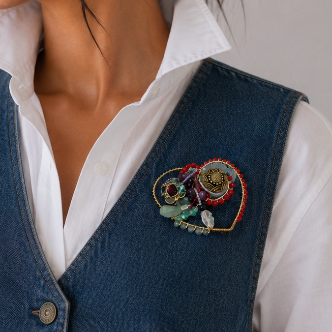 Woman wearing a blue denim vest with  wire beaded handcrafted brooch